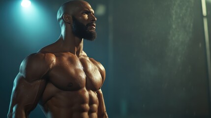 a bald, muscular man with a beard stands confidently in the rain, glistening as water traces the con