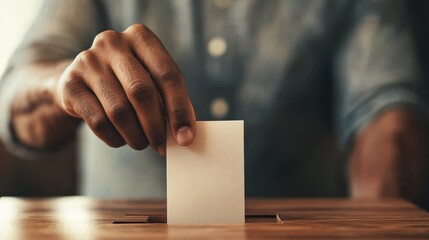 A close-up of a hand placing a vote into a wooden ballot box under warm, ambient lighting, representing the power and significance of civic engagement and responsibility.