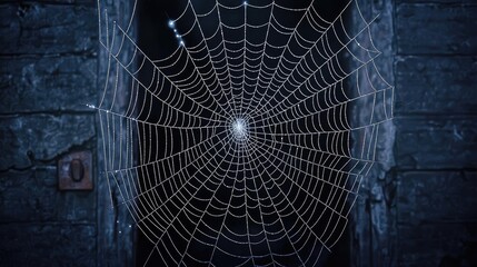 A close-up of an intricate spider web with glistening dew against a dark wooden background, creating a mysterious atmosphere.