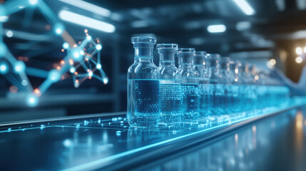 Futuristic drug discovery pipeline with illuminated vials showcasing advanced technology and innovation in pharmaceutical research. scene conveys sense of progress and hope