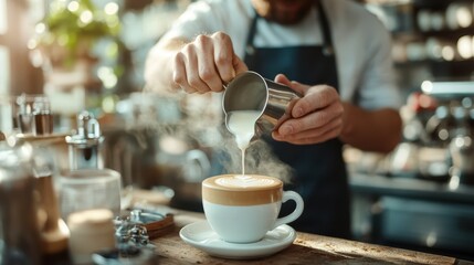 A barista expertly pours steamed milk into a cup of coffee, creating intricate foam art. The scene is vibrant with warmth and hospitality, capturing craftmanship.