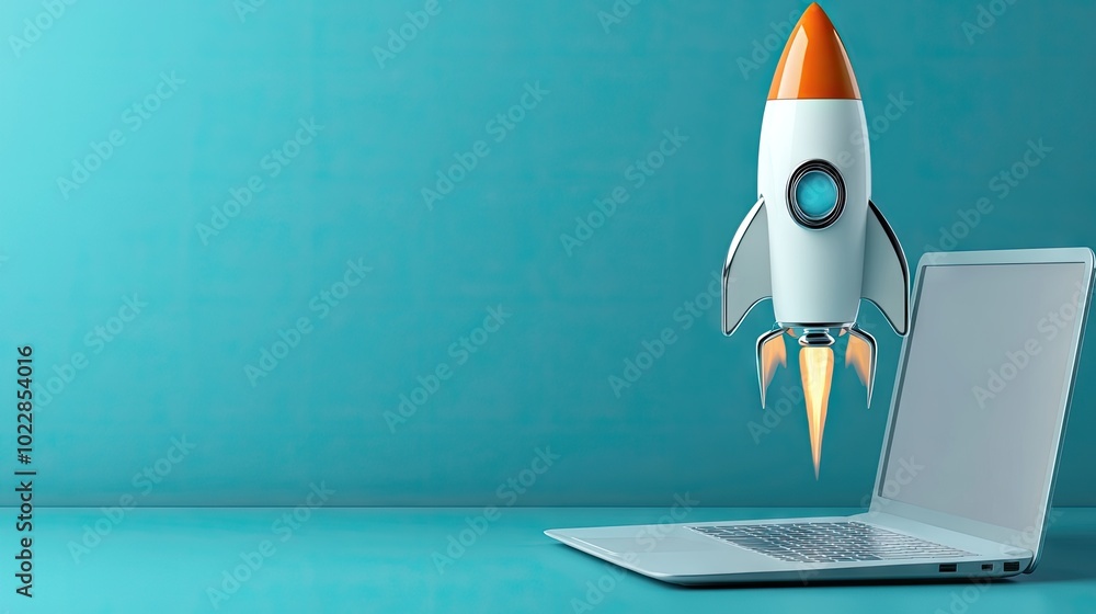 Rocket launching from a laptop screen in a minimalistic 3D style ...