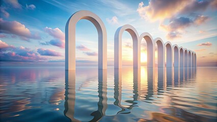 Canvas Print - A row of white arches emerge from the rippling water, creating a surreal passageway to a radiant sunset sky.