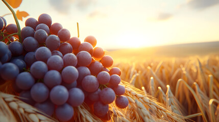 Sticker - A photo of a group of grapes against a wheat field backdrop, illuminated by the sun