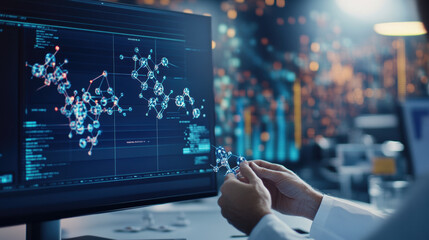 Wall Mural - In silico drug modeling on computer screen showcases molecular structures and data analysis. scene reflects advanced technology and scientific research in pharmaceuticals