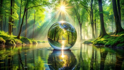 Sticker - A Glass Sphere Captures the Essence of a Sunlit Forest, Reflecting the Tranquility of a Serene Stream