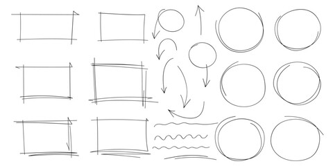 Leinwandbilder - Set of doodle handdrawn highlight, arrows, text underline strokes and marks. Collection of sketch elements of circles, ellipses, rectangles, squares, ovals, marks. Brush doodle shape for message notes