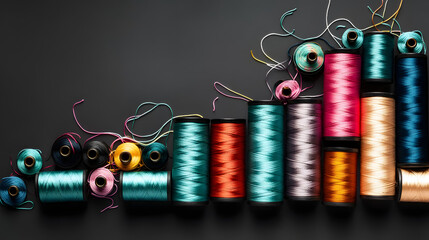 Poster - A collection of spools of thread adjacent to one spool of thread and another