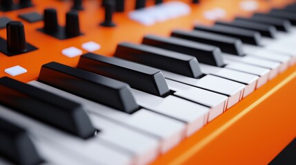 Orange synthesizer keyboard close-up, black and white keys