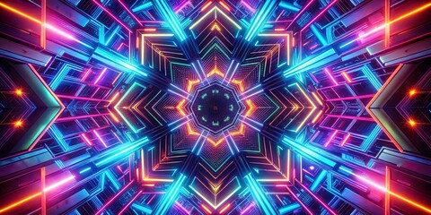 Sticker - A kaleidoscopic pattern of neon lights forms a symmetrical structure with a central hub, radiating outwards in a vibrant display of colors.