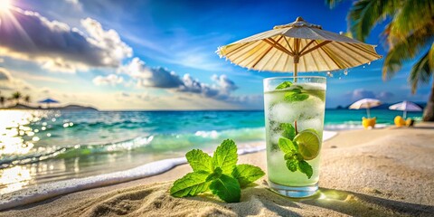 Wall Mural - A refreshing summer drink with lime and mint on a sandy beach with a tropical palm tree in the background