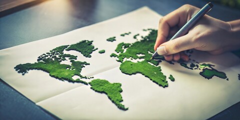 Close-up of a hand outlining a green supply chain on paper, with a world map in the background




