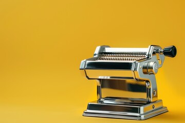 Metal pasta maker on a bright yellow background in a kitchen setting