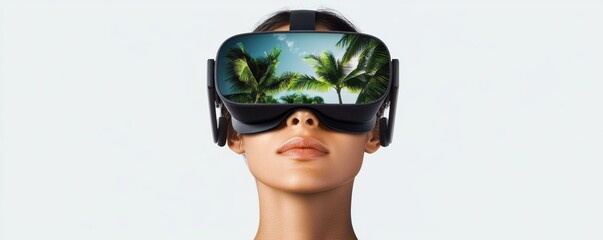 Woman wearing VR headset displaying tropical beach scene. Studio portrait on plain background.