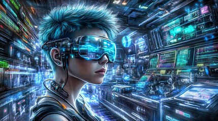 Poster - A futuristic figure wearing VR goggles in a high-tech environment filled with digital displays.