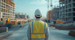 © StokHunt - Construction manager inspecting building site on a sunny day, wearing hardhat and safety vest