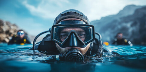 A man in a diving suit looks at the camera. A driver that floats to the surface after diving. Scuba diver comes out of a mountain lake.