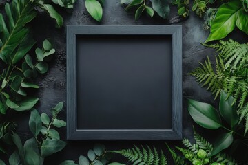 Aesthetic dark photo frame surrounded by lush green foliage in a minimalist setting