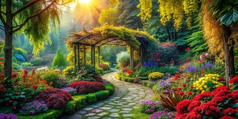 Canvas Print - A Serene Stone Path Winding Through a Verdant Landscape, Adorned with a Colorful Array of Blossoming Flowers, Bathed in the Warm Glow of the Morning Sun