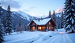 © Dmitry - Winter Mountain Cabin with Snow-Covered Trees and Peaks