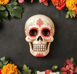 Colorful sugar skull surrounded by vibrant flowers, representing traditional Day of the Dead celebrations and cultural heritage.