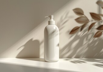 Minimalist white lotion bottle on a clean surface with soft sunlight and leaf shadows, creating a calm and natural mood.