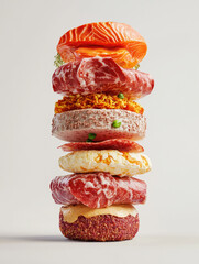 Stacked sandwiches with various fillings.