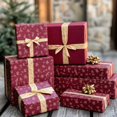 A beautiful arrangement of festive red gift boxes with golden ribbons, perfect for holiday celebrations and special occasions.