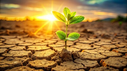 Wall Mural - A single green sprout pushing through cracked earth bathed in the warm glow of the setting sun, a testament to life's resilience in the face of adversity.