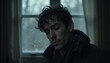 © Yosich1961 - Photorealistic man with tired half-closed eyes and dim winter daylight filtering through curtains