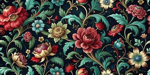 Wall Mural - A tapestry of intricate floral patterns, blooming with vibrant reds, blues, and yellows against a rich, dark backdrop.