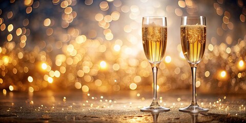 Canvas Print - Two Glasses of Sparkling Wine on a Golden Glitter Surface with a Blurred Background of Warm Lights