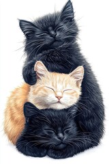 A family of cats, isolate on white background, depicting their interactions and affectionate nature.