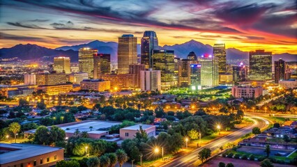 Vibrant Night Skyline of Downtown Phoenix, Arizona with Bright Lights and Urban Landscape Views