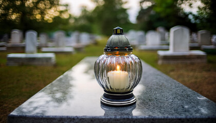 Burning votive candle on marble tombstone, cemetery scenery. Christian faith and religion