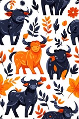 A flat style seamless pattern of bulls, isolate on white background, arranged in a dynamic and engaging design.