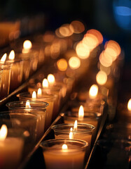 Group of votive candle in church. Christian faith and religion concept.