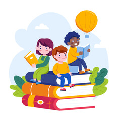 Canvas Print - kids reading books, a flat style illustration
