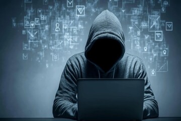  Hooded hacker lurking in the shadows targeting your data Stay vigilant