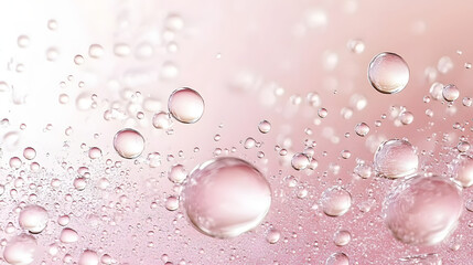 Poster - A close-up of water bubbles against a pastel pink and white background with a soft pink backdrop