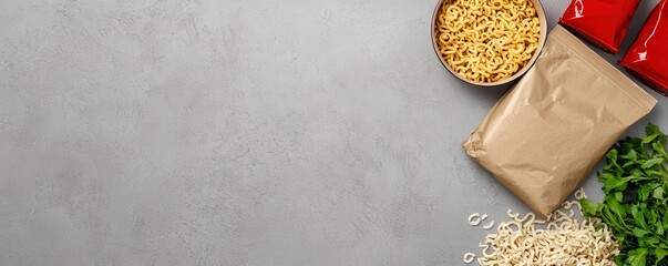 Wall Mural - A package of instant noodles placed on a table, with ample space on the side for text.