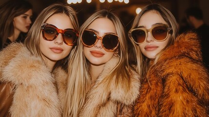 a group of friends at a winter party, each showing off their trendy faux fur jackets and accessories