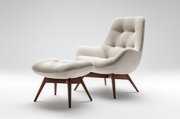 an armchair with a matching ottoman upholstered in soft fabric