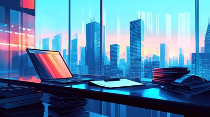 Poster - A modern office with a laptop and city skyline at sunset.