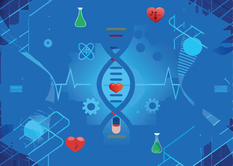 Vector illustration of a medical background featuring a DNA strand, hearts, beakers, and gears.