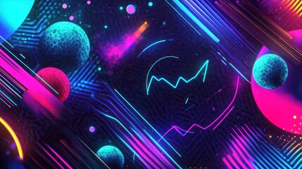 Wall Mural - a vibrant digital artwork featuring abstract planets and neon colors.