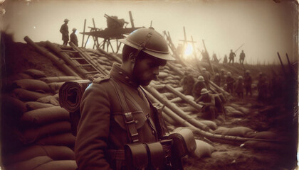 Vintage photograph of a soldier in a trench, surrounded by the harsh conditions of World War I, evoking history and resilience