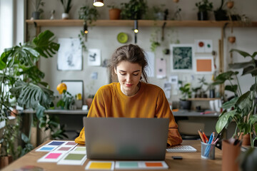 Canvas Print - Graphic Designer Selecting Colors in a Minimalist Workspace  