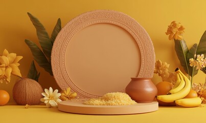 Wall Mural - 3D podium with a round background, an Indian traditional pot, and coconut fruits on the side of it, on a brown color background