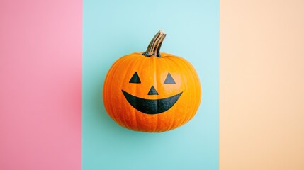 Wall Mural - Halloween theme pumpkin with a smiling face on a pastel colored background